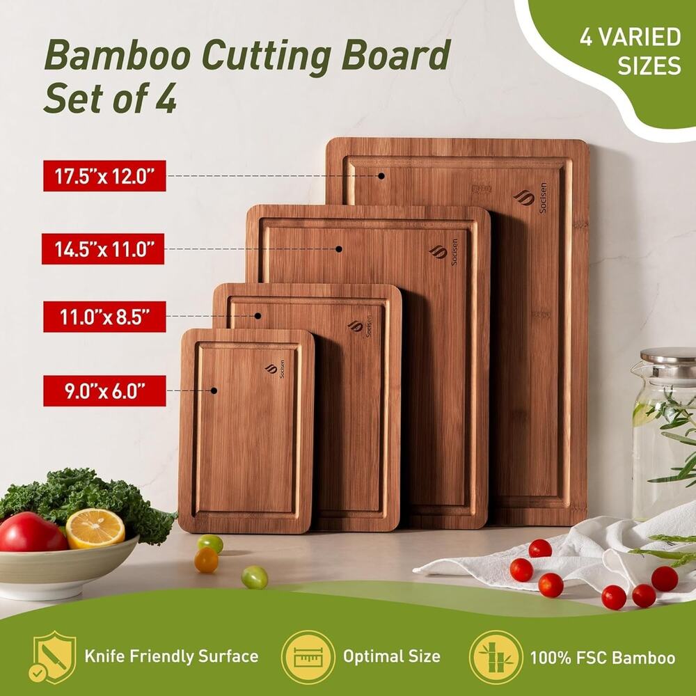 Bamboo Cutting Board Set Non Slip Feet Over Sink Father Day 4-Piece, Brown - Picture 4 of 6